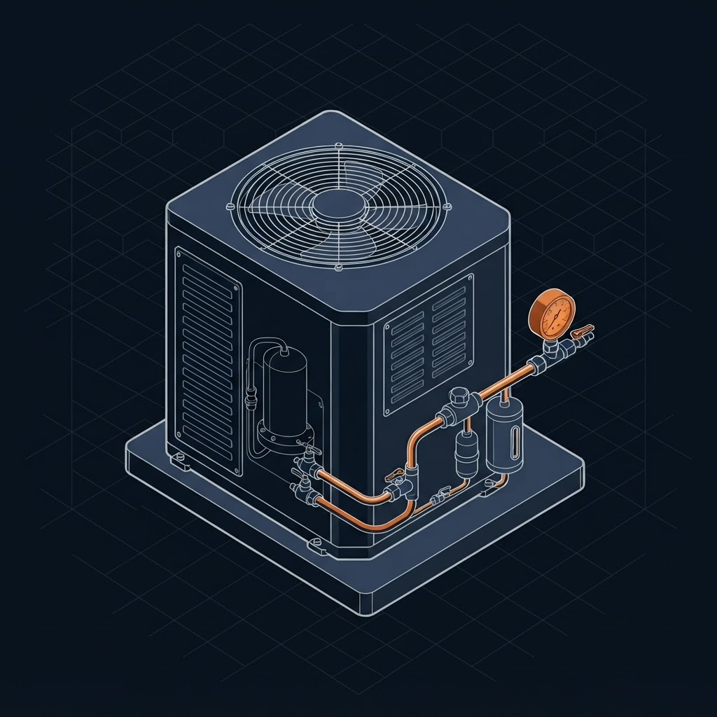Illustration technique isométrique d’une unité de climatisation extérieure avec circuit frigorifique et manomètre