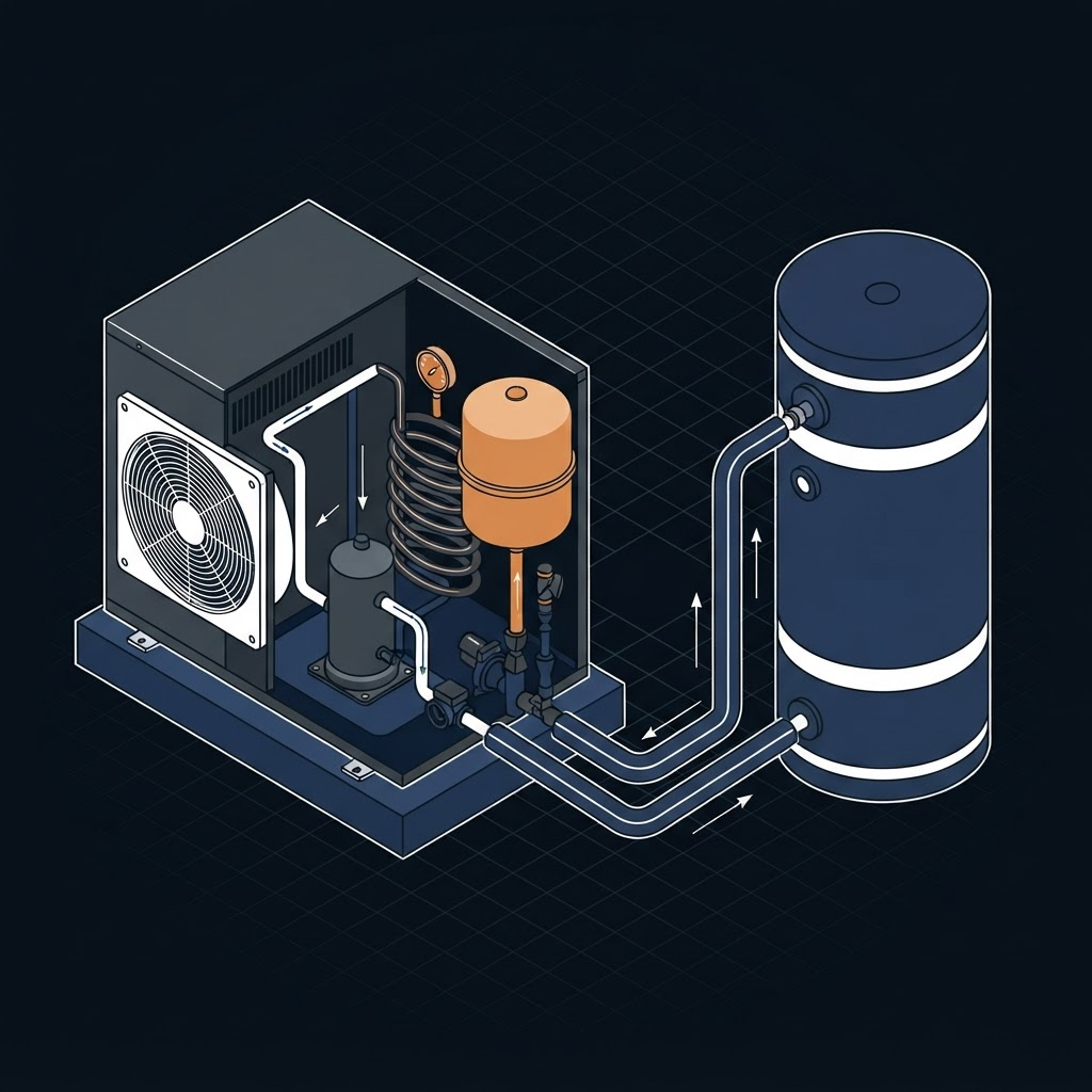 Illustration technique isométrique d’une pompe à chaleur avec circuit frigorifique, compresseur et vase d’expansion